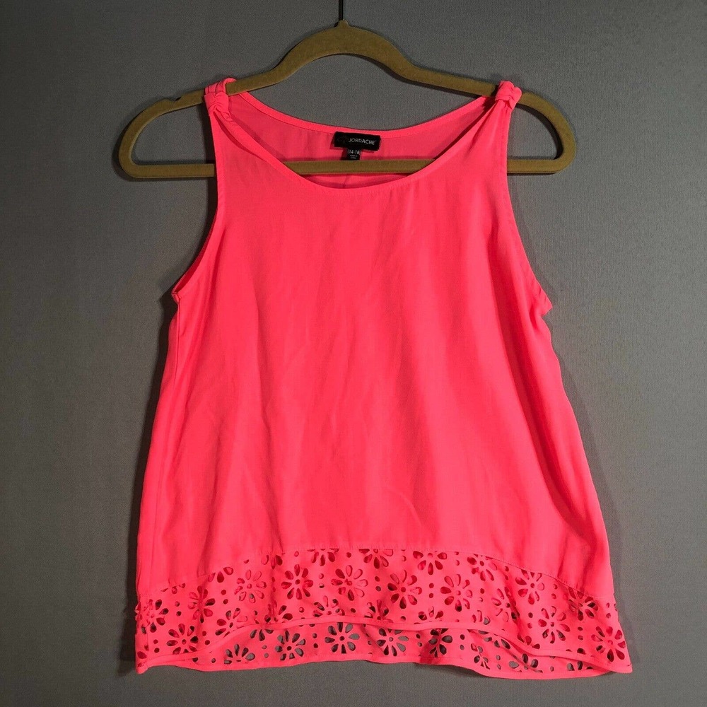 Jordache Top Girls Size XL 14-16 Neon Pink Tank Floral Summer Bow Accent Strap